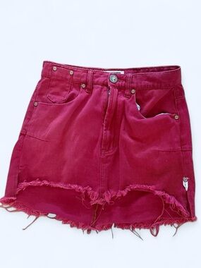 One Teaspoon Raspberry Frayed-Hem Denim Skirt